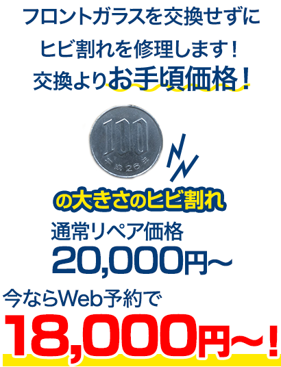 フロントガラスを交換せずにヒビ割れを修理します！交換よりお手頃価格！ 100円玉の大きさのヒビ割れ 通常リペア価格20,000円～のところを、今ならWeb予約で18,000円～！